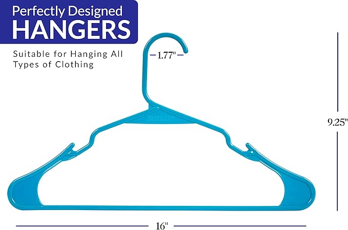 Royale Linens 40 Pack Blue Plastic Hangers for Clothes - Heavy Duty Clothes Hanger for Everyday Use - Lightweight & Space Saving Notched Plastic Hangers