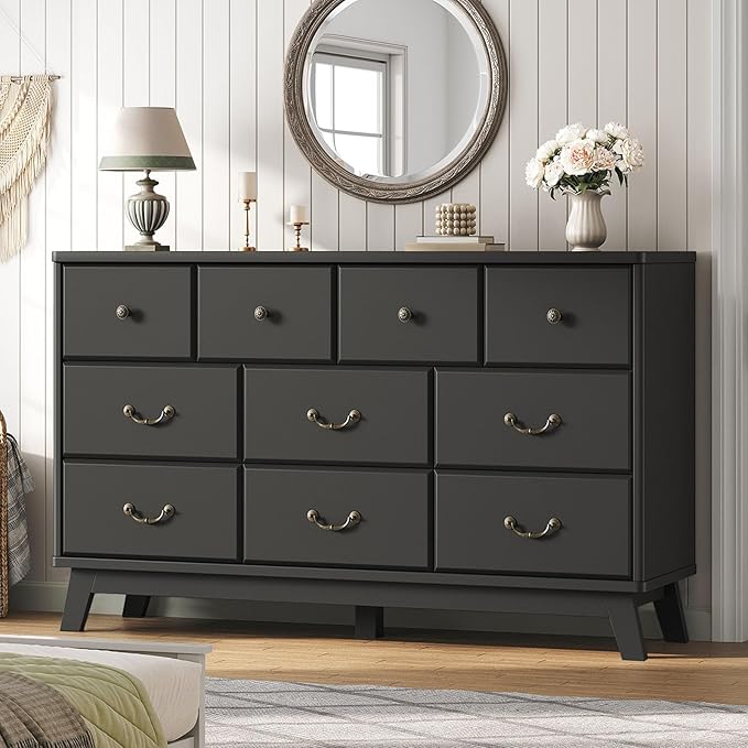 Black Dresser for Bedroom, Wooden 10 Drawer Dresser, 55.1" Wide Chest of Drawers with Vintage Metal Handle, Modern Dressers for Bedroom, Closet, Hallway, Living Room, Dressers TV Stand