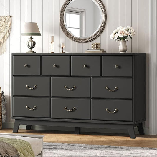Black Dresser for Bedroom, Wooden 10 Drawer Dresser, 55.1" Wide Chest of Drawers with Vintage Metal Handle, Modern Dressers for Bedroom, Closet, Hallway, Living Room, Dressers TV Stand
