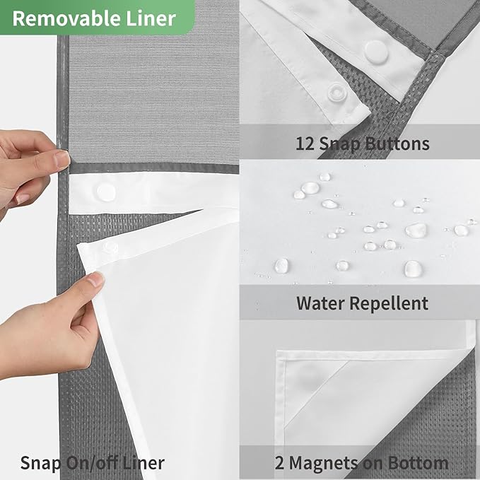 Long No Hook Shower Curtain with Snap-in Fabric Liner Set,Grey Waffle Weave Shower Curtains for Bathroom,Hotel Luxury Decor Bathroom Curtain Set,Waterproof & Washable,71Wx80H