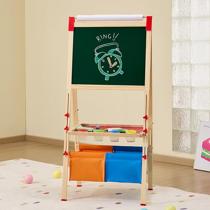 VEVOR Art Easel for Kids, 3-in-1 Wooden Double-Sided Kid's Art Easel with Magnetic Whiteboard, Chalkboard, Paper Roll, Adjustable Standing Drawing Board with Painting Accessories, Storage for Boy Girl