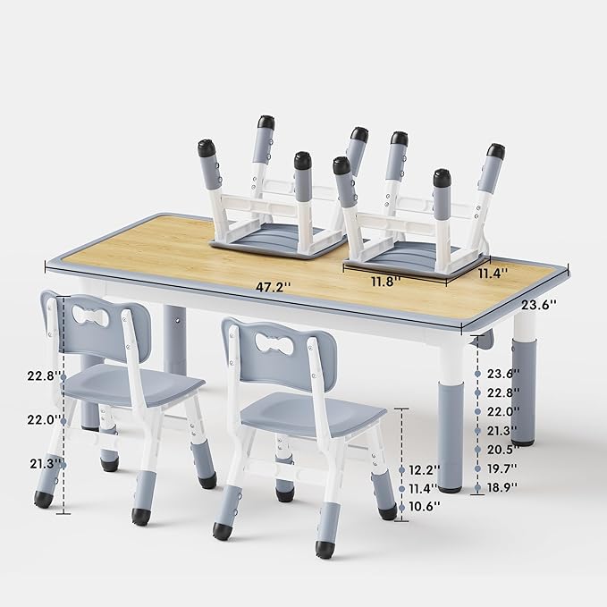 Brelley Kids Table and 4 Chairs Set, Height Adjustable Toddler Desk and Chair Set, Graffiti Desktop, Non-Slip Legs, Max 300lbs, Children Multi-Activity Table for Ages 2-8