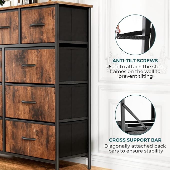 OLIXIS Dresser for Bedroom, 9 Storage Drawers, Tall Large Fabric Storage Tower Organizer, Chest of Drawers with Metal Frame Wooden Top for Nursery, Closet, Living Room, Entryway, Classic Rust Brown
