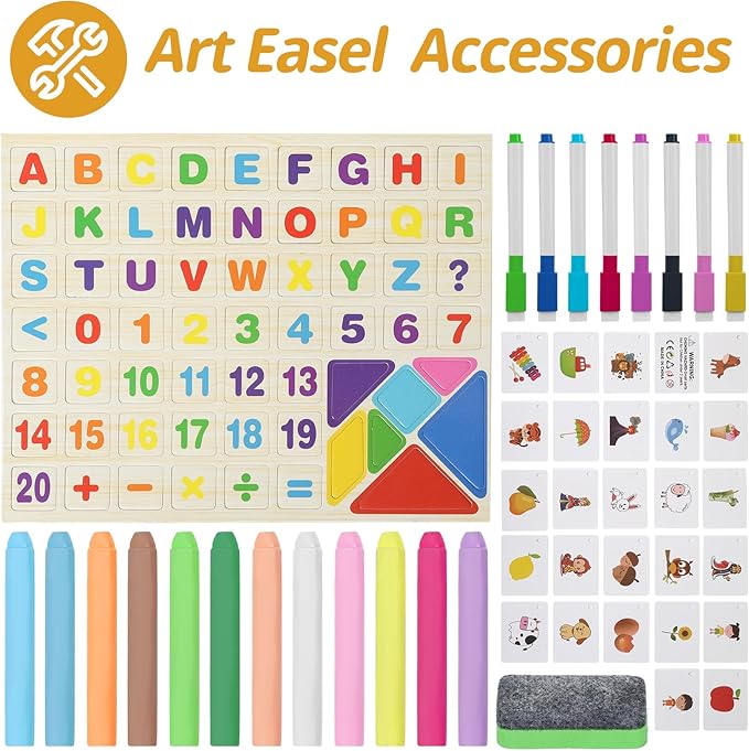Tabletop Painting Wooden Art Easel for Kids - 4-in-1 Double-Sided Drawing Board for Toddlers 2-4, Chalkboard & Dry Whiteboard with Markers, Eraser, Magnetic Letters/Numbers & Flashcards