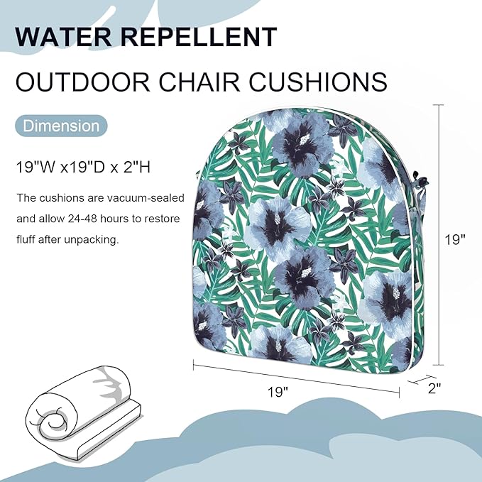 Set of 4 Outdoor Chair Cushions 19"x19"x2",Water Repellent Dining Seat Cushion with Ties and Removable Covers, Chair Cushions for Indoor and Patio Furniture, Blue Salmone Tropical