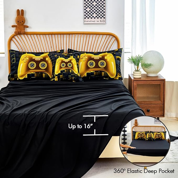 PERFEMET 6 Pieces Queen Bed in A Bag Gamer Black and Gold Boys Comforter Set with Sheets Soft Fluffy 3D Cool Video Game Kids Bedding Set for Teen Girls(Gold, Queen)