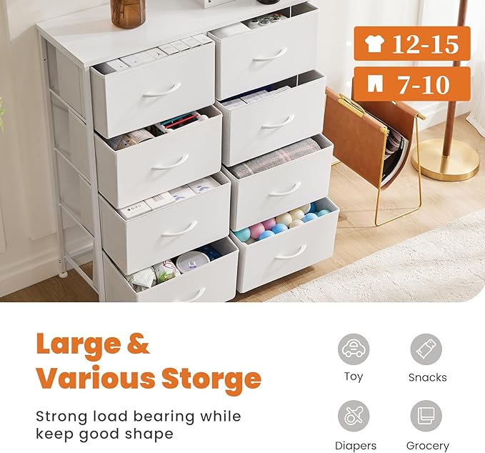 DUMOS Dresser for Bedroom with 8 Fabric Drawers, Tall Chest Organizer Units for Clothing, Closet, Kidsroom, Storage Tower with Cabinet, Metal Frame, Wooden Top, Lightweight Nursery Furniture, White
