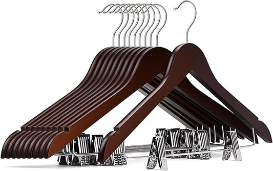 Wooden Hangers with Clips 12 PCS Pant Hangers with Clips,Smooth Solid Wooden Pants Hangers,360 Swivel Hooks & Adjustable Clips,for Jeans,Skirt,Suit,Shorts,Scarf.（Walnut）