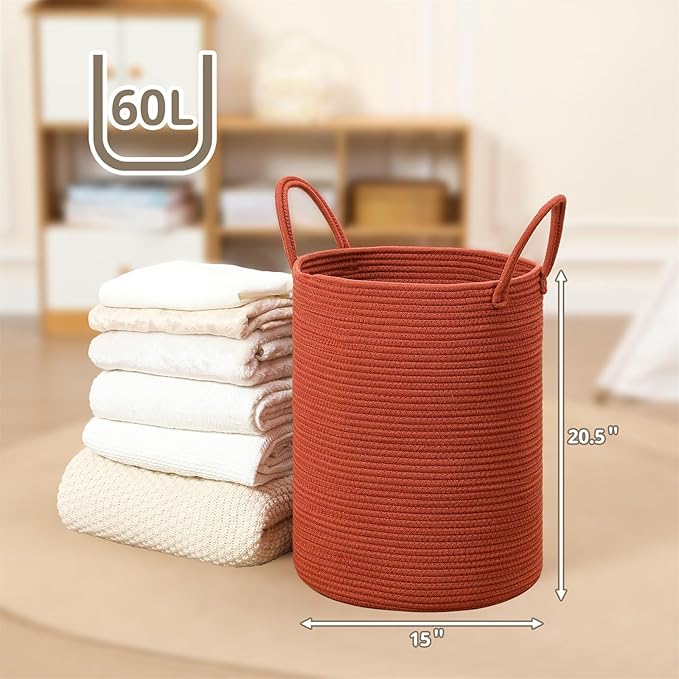 60L Large Woven Laundry Basket Hamper, 100% Natural Cotton Rope, Handwoven & Durable, Storage for Blankets, Toys, Clothes, Decorative Nursery Hamper for Living Room, Baby Room, Bedroom (Terracotta)