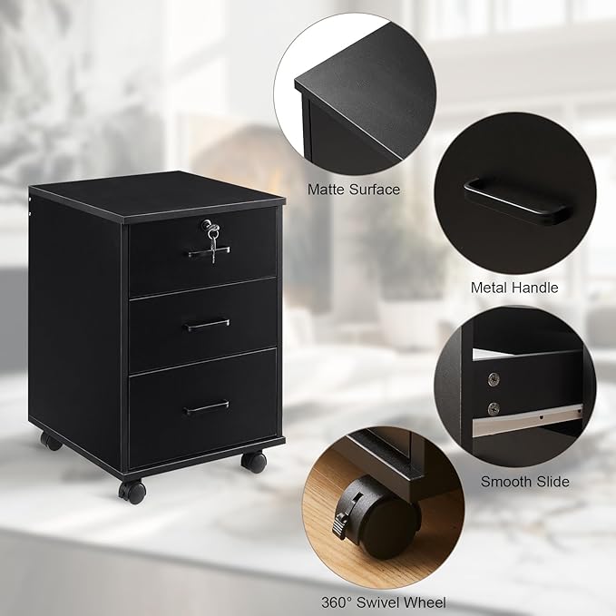 Mobile File Cabinet with Lockable Drawer, 3-Drawers Under Desk Storage Cabinet with 360°Swivel Wheels, Wooden Stationery Storage Cabinet for Legal/Letter/ A4 Documents (Black)