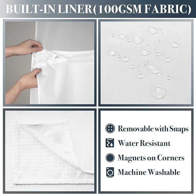 N&Y HOME 48 Inch Waffle Weave Shower Curtain with Snap-in Fabric Liner & 12 Metal Hooks Set - 48" x 72" Shower Stall Size, Hotel Style & Mesh Top Window, Machine Washable - White, 48x72