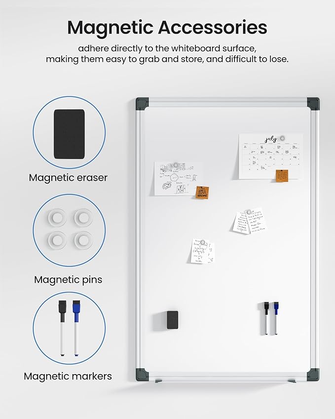 VUSIGN 2PCS Magnetic White Board Kit for Wall 36" x24", 2 Dry Eraser & 4 Multicolor Markers & 8 Magnetic Pins, Sliver Reinforced Aluminum Frame for Home, School, Office