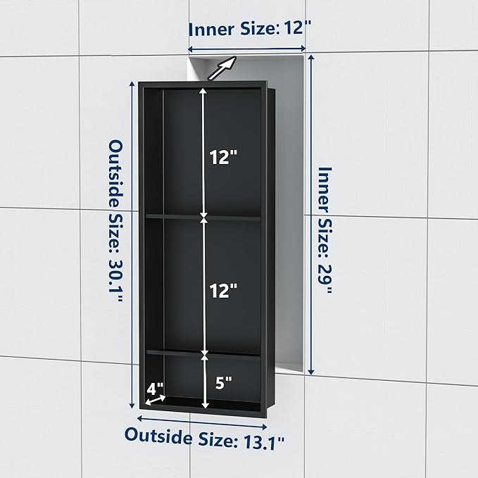Stainless Steel Shower Niche 12" X 29", No Tile Needed Wall Niche Three-Tier, Recessed Shower Shelf for Bathroom Storage, Matte Black
