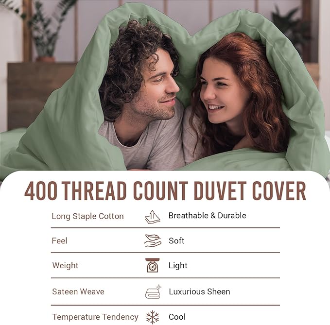 Pizuna Pure 100% Cotton King Duvet Cover Set, Luxurious 400 Thread Count Long Staple Cotton Sateen Weave with Button Closure (Combed Sea Foam Cotton Duvet Cover King)