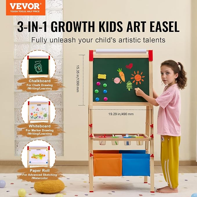 VEVOR Art Easel for Kids, 3-in-1 Wooden Double-Sided Kid's Art Easel with Magnetic Whiteboard, Chalkboard, Paper Roll, Adjustable Standing Drawing Board with Painting Accessories, Storage for Boy Girl