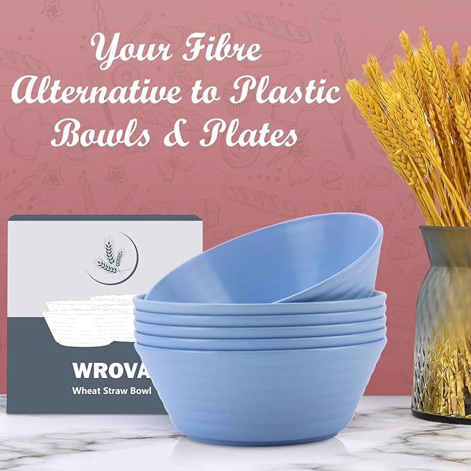 Wheat Straw Bowl Sets,6 PCS Unbreakable Cereal Bowl 36 OZ,Microwave and Dishwasher Safe Bowls,Kitchen Bowls for Serving Soup,Oatmeal and Salad （Sky Blue）