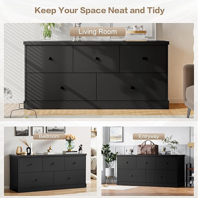 JUMMICO Dresser for Bedroom, Wide Chest of Drawers with 5 Wood Dresser Drawers, TV Stand, Modern Design for Bedroom, Living Room, Hallway, and Entryway (Black)
