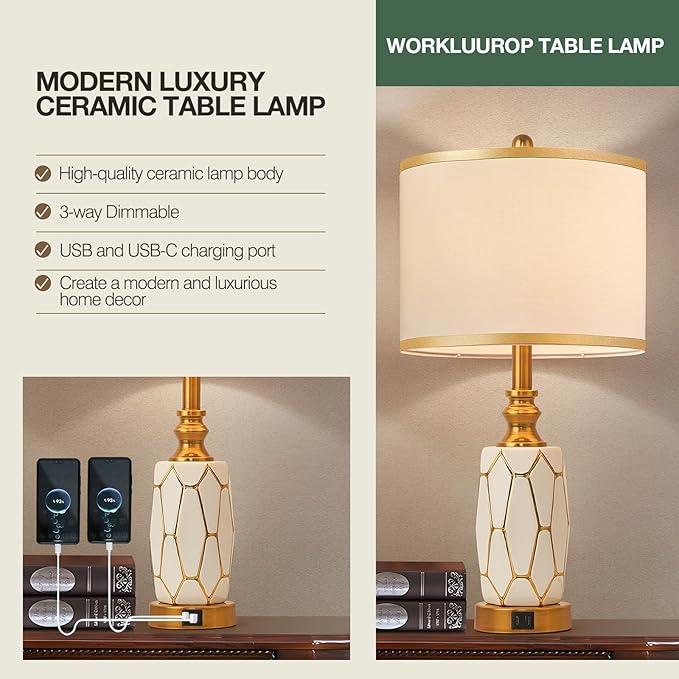 Set of 2 Touch Control Table Lamps for Bedroom Livingroom,Modern Ceramic Table Lamp with USB Ports,Bedside Nightstand Lamp with Fabric Drum Lampshade,Blubs Included (White)