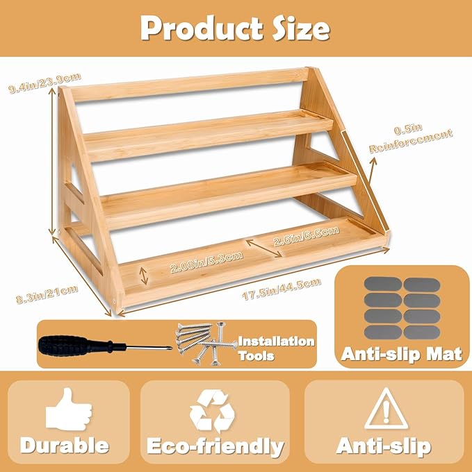 Bamboo Spice Rack: Large Spice Shelf for Kitchen Countertop Pantry Cabinet Organizer, Holds 24 Spice Jars (2.1")