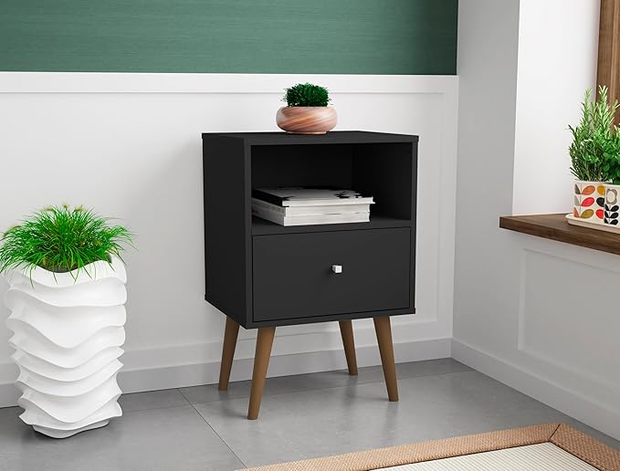 Manhattan Comfort Liberty Mid Century Modern Nightstand with Drawer and Cubby, Bedside Table for Bedroom and Living Room, Night Stand Accent Decor, Easy Assembly, Black