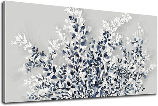 NINEASO Botanical Flowers Wall Art - Indigo Blue and White Floral Canvas Pictures Spring Blooming Painting Gray Background Printing Artwork Living Room Bedroom Home Office Wall Decor 20" x 40"
