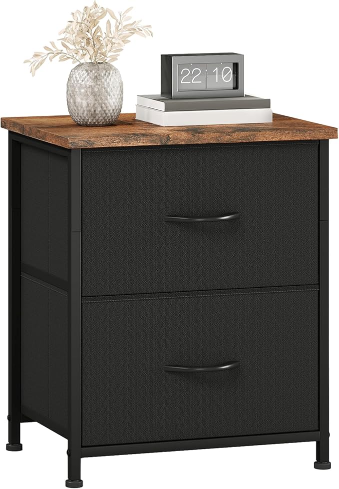 Somdot Black Nightstand, Small Dresser for Bedroom with 2 Drawers, Bedside Table Night Stand End Table with Fabric Bins for Bedroom Kids Closet Dorm Guest Room, Black Rustic Brown