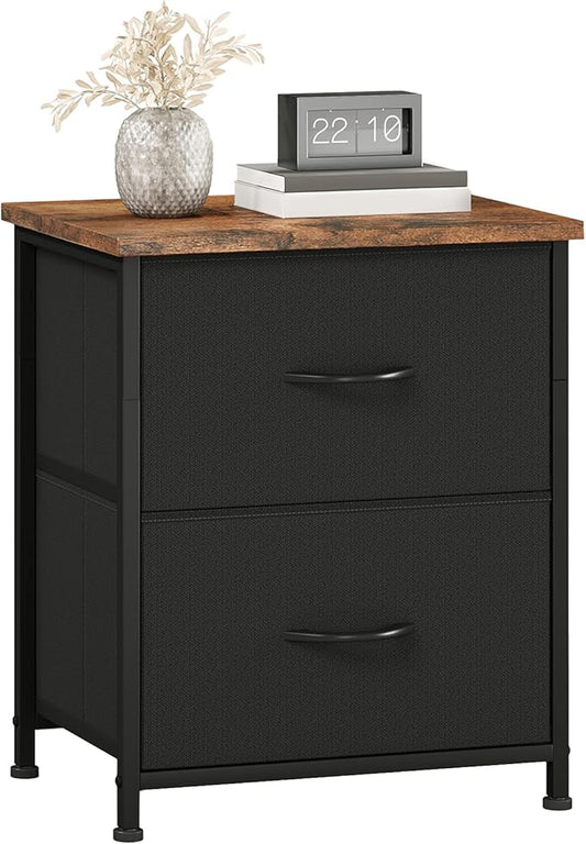 Somdot Black Nightstand, Small Dresser for Bedroom with 2 Drawers, Bedside Table Night Stand End Table with Fabric Bins for Bedroom Kids Closet Dorm Guest Room, Black Rustic Brown