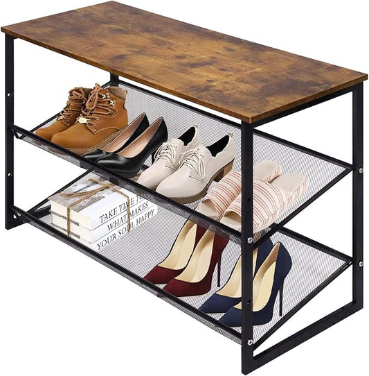 Garden 4 you 3-Tier Tilting Adjustable Freestanding Shoe Rack 6-Pairs 25.2 in Length for Durability and Stability for Entryways, Hallways, Closets, Dormitory Rooms, and Industries，Brown
