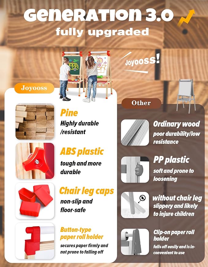 JOYOOSS Kids Wooden Easel with Paper Roll - Adjustable Magnetic Double Sided Drawing Board Whiteboard & Chalkboard Dry Easel Board,Children Art Easel for 3~12 Years Kids Boys Girls Painting Drawing