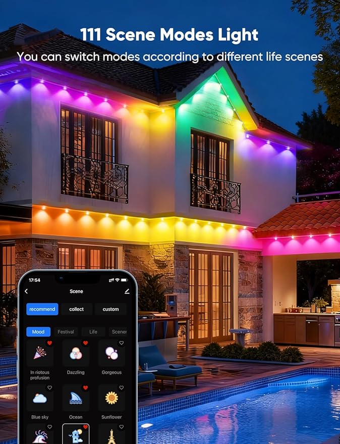 APPECK Permanent Outdoor Lights 200ft with 144 LED Lights, 72W Smart RGBW Eaves Lights, DC 36V, 40LM, IP67 Waterproof String Lights for Halloween Christmas Decor, Compatible with Alexa, Black
