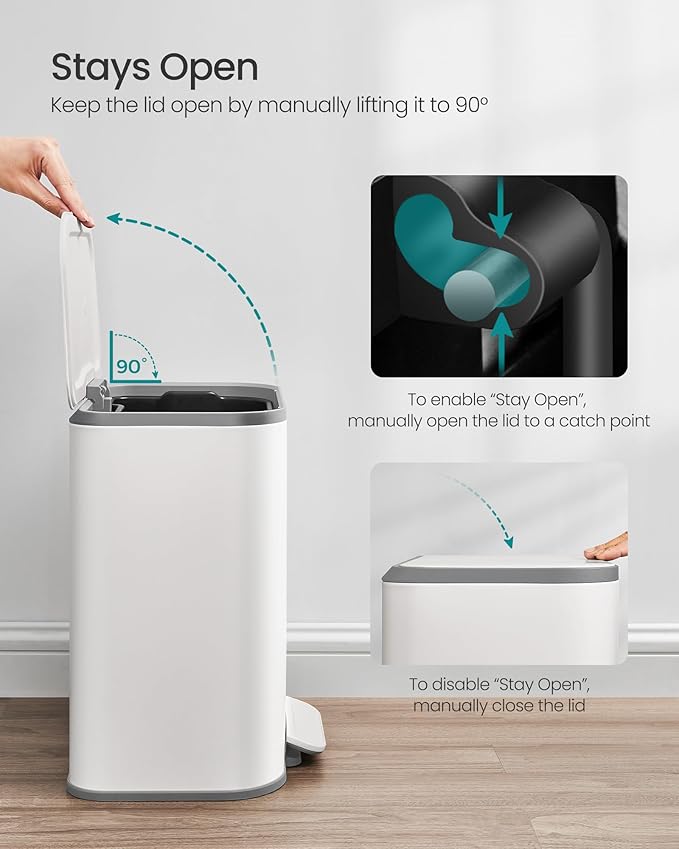 SONGMICS Kitchen Trash Can, 5.2-Gallon (20L) Garbage Can with Lid, Stainless Steel, Soft Close and Stays Open, Inner Bucket, Wide Non-Slip Pedal, Cloud White ULTB542W20