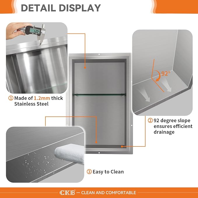 CKB Shower Niche Stainless Steel, 24 Inch x 14 Inch x 4 Inch Depth, Double-Layer Storage Shelves, Recessed Shower Shelf with Brushed Nickel
