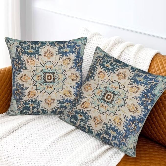 Boho Pillow Covers 24x24 Set of 2, Light Blue Beige Carpet Pattern Outdoor Decorative Throw Pillows Vintage Linen Ethnic Rustic Farmhouse Cushion Cases for Couch Sofa Decor