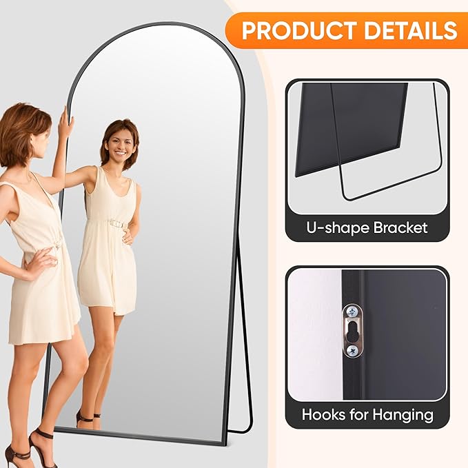 Suidia Full Length Mirror, 71"x26" Floor Standing Mirror Freestanding, Full Body Mirrors with Stand for Bedroom, Hanging Mounted for Living Room Cloakroom, Black, Arched Style