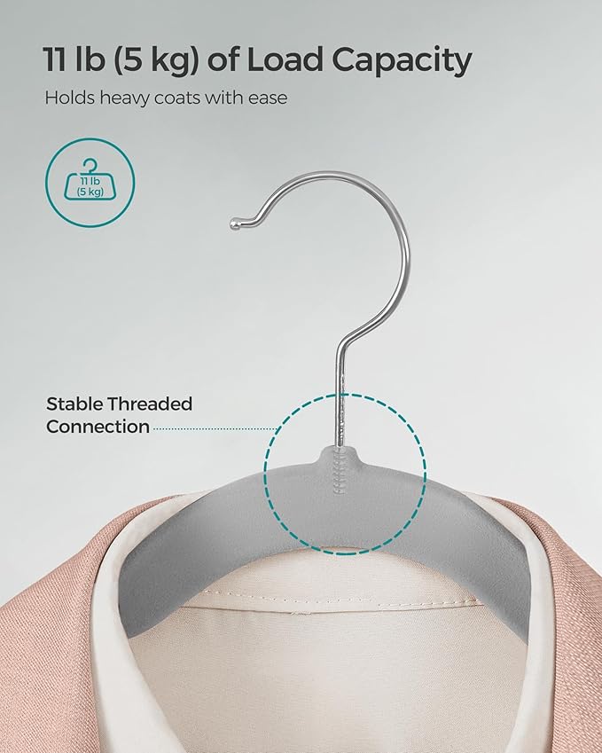 SONGMICS Velvet Hangers 50 Pack, Non-Slip Clothes Hangers, Suit Hangers with Shoulder Notches, Pants Bar, 360° Swivel Hook, Space-Saving, for Closet, Dove Gray UCRF029G50