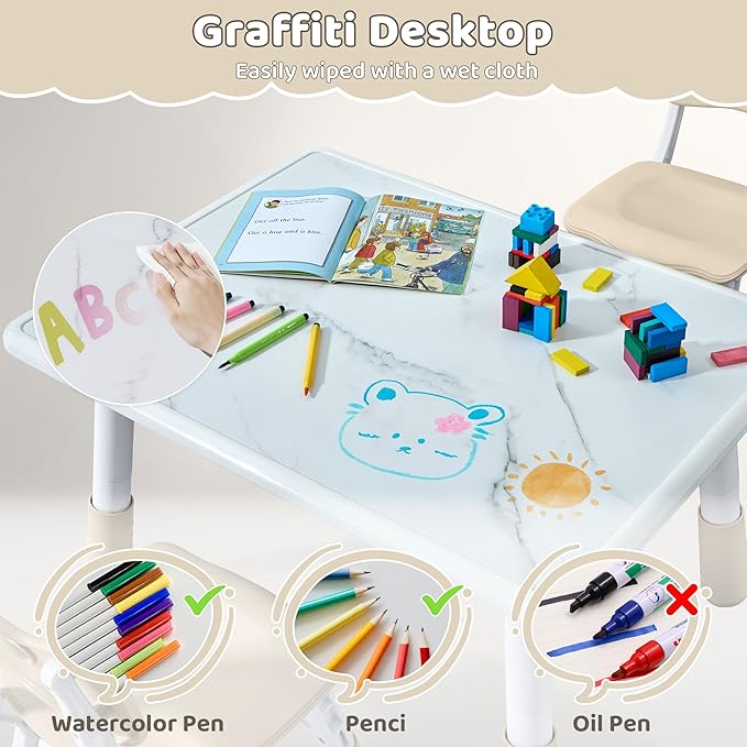 Toddler Table and 4 Chairs Set, Height Adjustable Kids Table and Chairs, 31.5''L x 23.6''W, Marble Pattern & Graffiti Desktop, Children Multi-Activity Table for Home/Daycare/Classroom