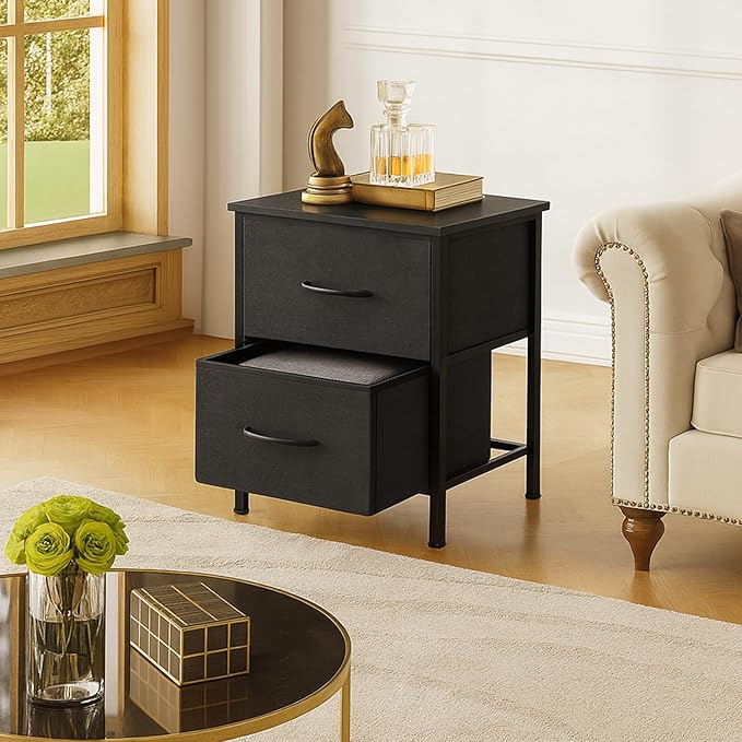 Nightstand with Fabric Bins, Bedside Furniture, Night Stand, End Table Nightstand Storage Tower Unit Organizer with 2 Fabric Bins for Living Room (Black)