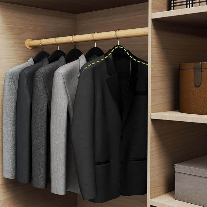 Solid Wood Suit Hangers, 6 Pack, Coat Hangers with Non Slip Trouser Bar, 360° Swivel Hook, Heavy Duty Wide for Suit, Coat, Jacket, Trousers, Pants,17.3" W x 9" H, Black AWY0406B