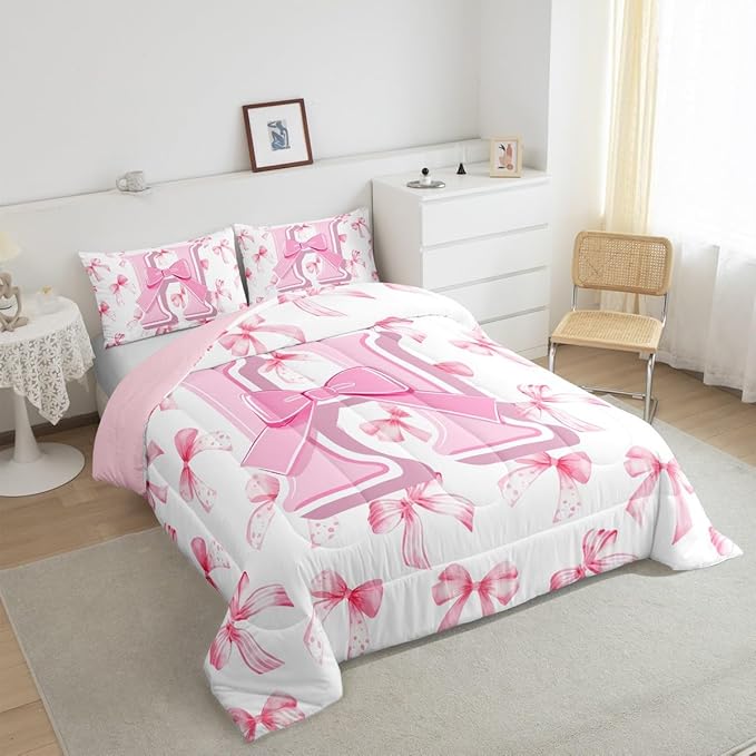 jejeloiu Kids Girls Cute Pink Bow Comforter Set Twin Size Monogrammed Bedding Set Ultra Soft Personalized Initial H Duvet Quilt Coquette Bow Knot Quilt Set Room Decor Modern Fashion Comforter