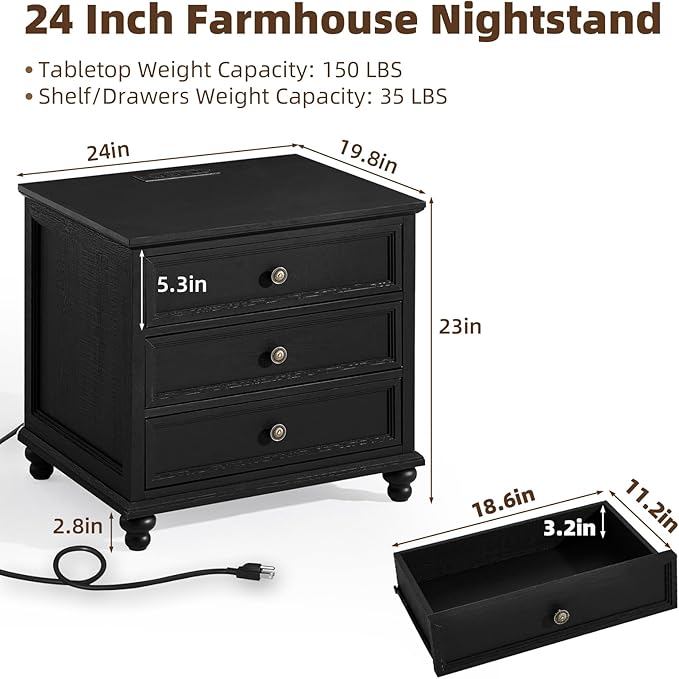 Farmhouse Nightstand Set of 2 with Charging Station, 24" Wide End Table with 3 Drawers,Dresser for Bedroom,Bed Side Table Chest of Drawers Cabinet,Wood Black Night Stand for Living Room