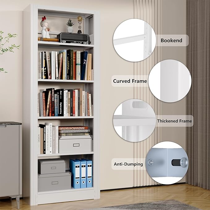 Book Shelf,5-Tier White Bookshelf, Office Bookcases and Bookshelves,Tall Metal Storage Organizer,Freestanding Bookshelf for Library,Living Room,Home Office (W:27.6")