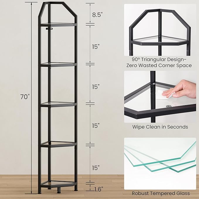 5-Tier Corner Shelf | 70 Inch Tall Bookshelf & Plant Stand, Heavy Duty Storage for Home Office & Living Room - Black