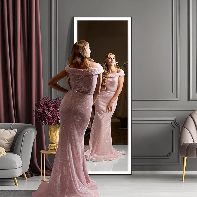 64x22 Full Length Mirror, Dimmable 3 Color LED Light w/Light Memory, Distortion Free Silver Coating Mirror, HD Reflection &Anti Desilvering,Tempered Glass &Shatter Proof Film Doubles Safety