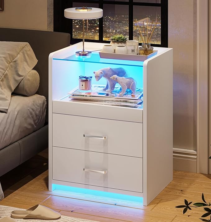 VIAGDO White Nightstand with Charging Station and LED Lights, 2 Drawers LED Night Stand with Tempered Glass Tabletop, Modern End Side Tables with Pull-Out Tray, Open Storage Bedside Tables