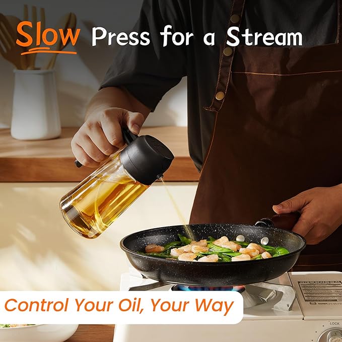 TrendPlain 16oz/470ml Glass Olive Oil Sprayer for Cooking – 2 in 1 Olive Oil Dispenser Bottle for Kitchen Gadgets and Air Fryer Accessories, Salad, BBQ - 2 Black