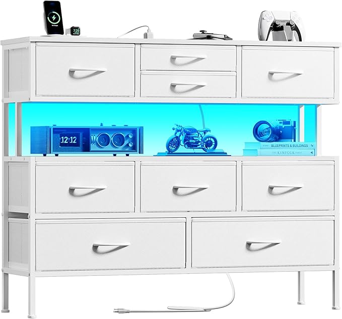 REAHOME Dresser TV Stand with Charging Station and LED Lights, 55” TV Stand Entertainment Center with 9 Drawers, Steel Frame, Large Storage Chest of Drawers for Bedroom, Living Room, White