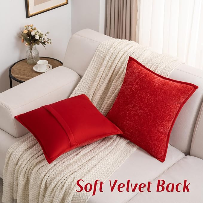 FUTEI Red Chenille Throw Pillow Covers 16x16 Inch Set of 2,Soft Cozy Bound Edge Design Cushion Case,Home Decor for Couch Bed Living Room