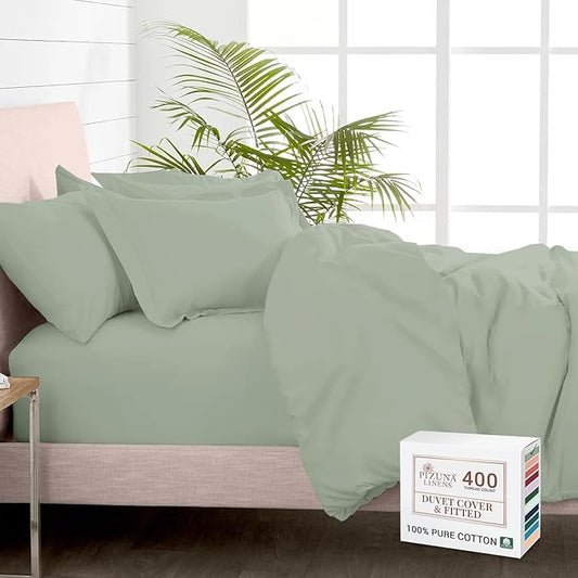 Pizuna 100% Cotton Full 3 Pc Duvet Cover + 1 Pc Fitted Sheet Set 400 Thread Count Sea Foam Sateen Weave Luxurious Long Staple Cotton 4 Piece Bedding Set - 1 Duvet Cover, 2 Pillow Shams, 1 Fitted Sheet