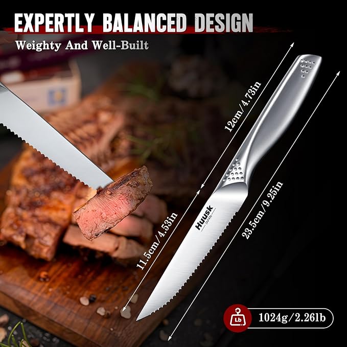 Huusk Serrated Steak Knives Set, 4.5" Japanese Stainless Steel Steak Knives Set of 12, Sharp Dishwasher Safe Dinner Knife for Kitchen Table, Gifts for Men