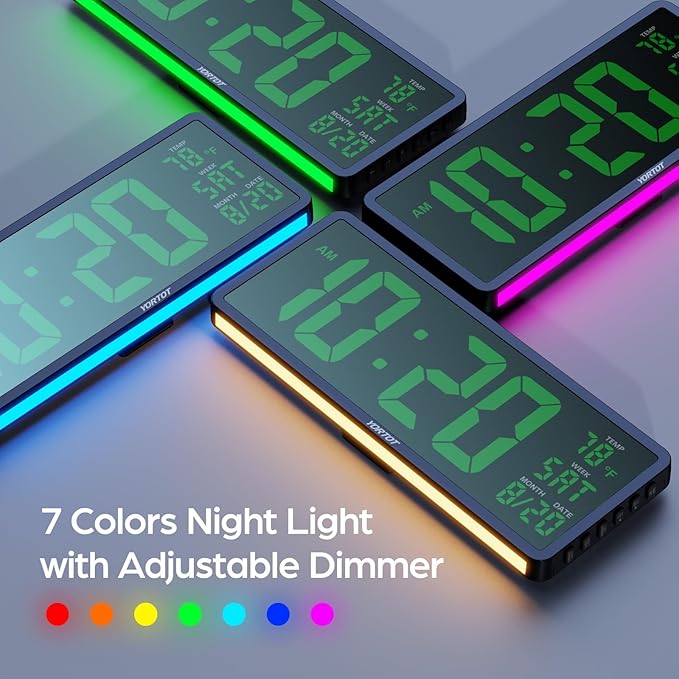 YORTOT 16” Large Digital Wall Clock with Remote Control and 7 Night Lights, 4 Level Dimmer, Super Easy to See, Big LED Clock with Indoor Temperature, Date, Perfect for Home, Office, Gym (Green)